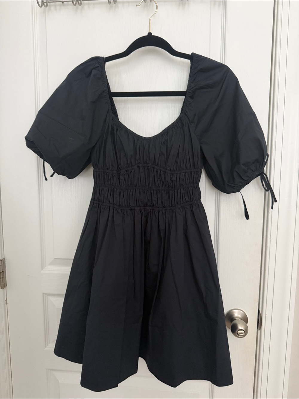 STAUD Black Puff-Sleeve Smocked Mini Dress
